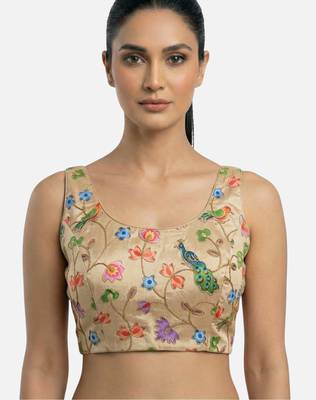 Gold embroidered peacock & floral scoop neck sleeveless saree blouse 1
