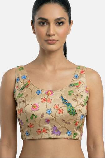 Gold embroidered peacock & floral scoop neck sleeveless saree blouse