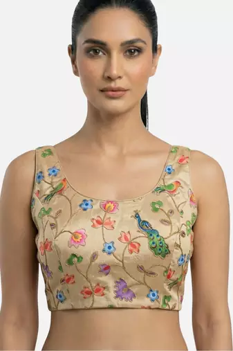 Gold embroidered peacock & floral scoop neck sleeveless saree blouse