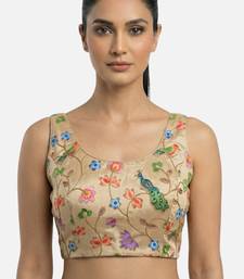 Gold embroidered peacock & floral scoop neck sleeveless saree blouse