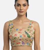 Gold embroidered peacock & floral scoop neck sleeveless saree blouse