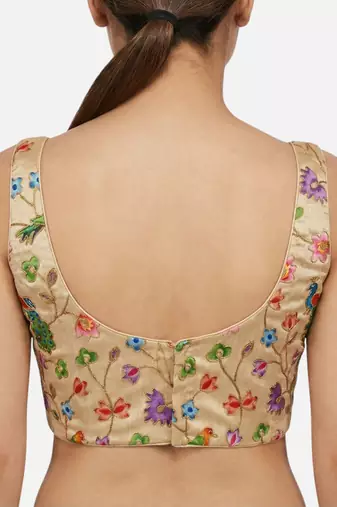 Gold embroidered peacock & floral scoop neck sleeveless saree blouse