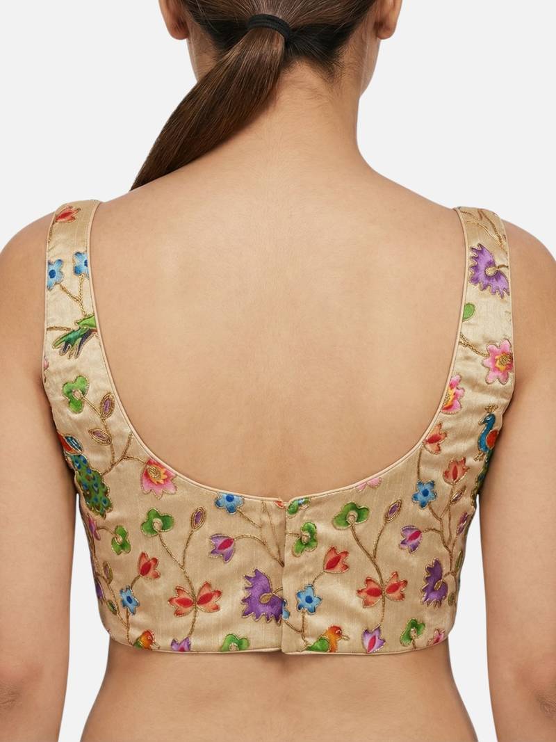 Gold embroidered peacock & floral scoop neck sleeveless saree blouse