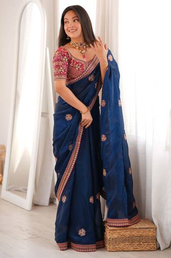 Navy blue fendy satin embroidered saree with unstitched blouse
