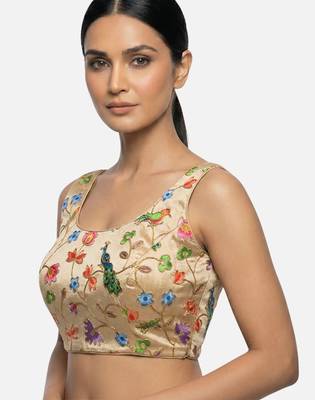 Gold embroidered peacock & floral scoop neck sleeveless saree blouse 3