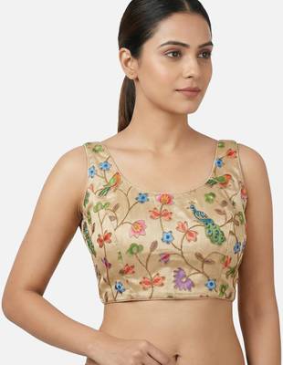Gold embroidered peacock & floral scoop neck sleeveless saree blouse 4