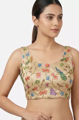 Gold embroidered peacock & floral scoop neck sleeveless saree blouse