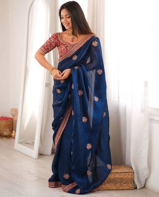 Navy blue fendy satin embroidered saree with unstitched blouse 2