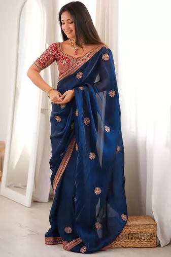 Navy blue fendy satin embroidered saree with unstitched blouse