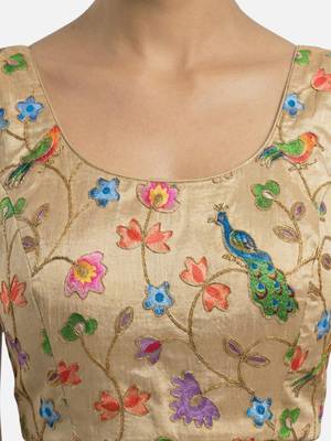 Gold embroidered peacock & floral scoop neck sleeveless saree blouse 5