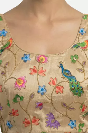 Gold embroidered peacock & floral scoop neck sleeveless saree blouse