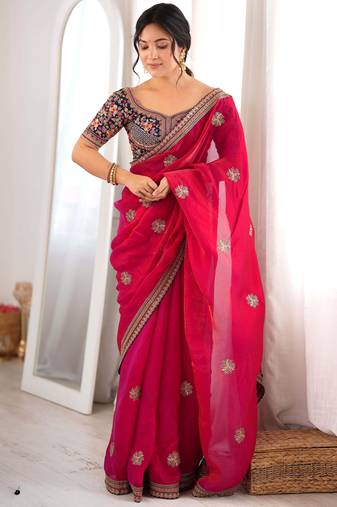 Rani pink fendy satin embroidered saree with unstitched blouse