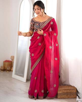 Rani pink fendy satin embroidered saree with unstitched blouse 2