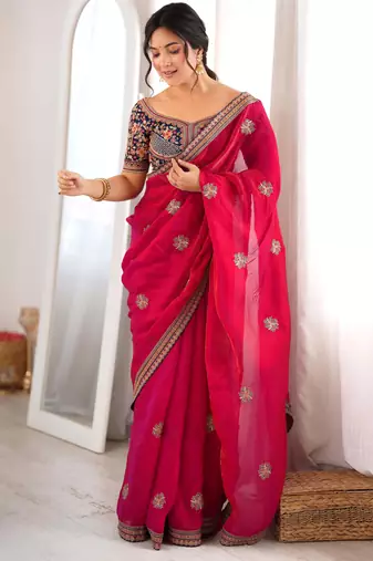 Rani pink fendy satin embroidered saree with unstitched blouse