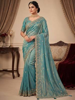 PURE SOFT FANDY SATIN Blue Color Women's Saree With Blouse Set 1