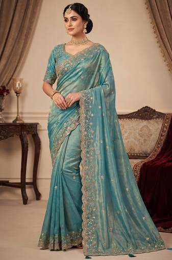 PURE SOFT FANDY SATIN Blue Color Women's Saree With Blouse Set