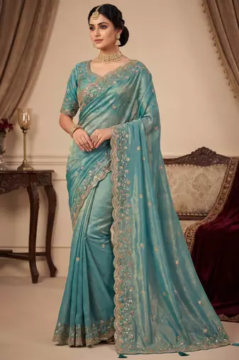 PURE SOFT FANDY SATIN Blue Color Women's Saree With Blouse Set