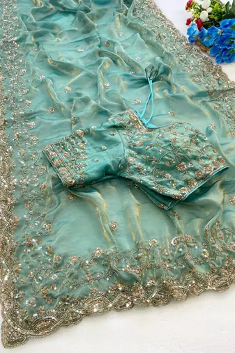 PURE SOFT FANDY SATIN Blue Color Women's Saree With Blouse Set