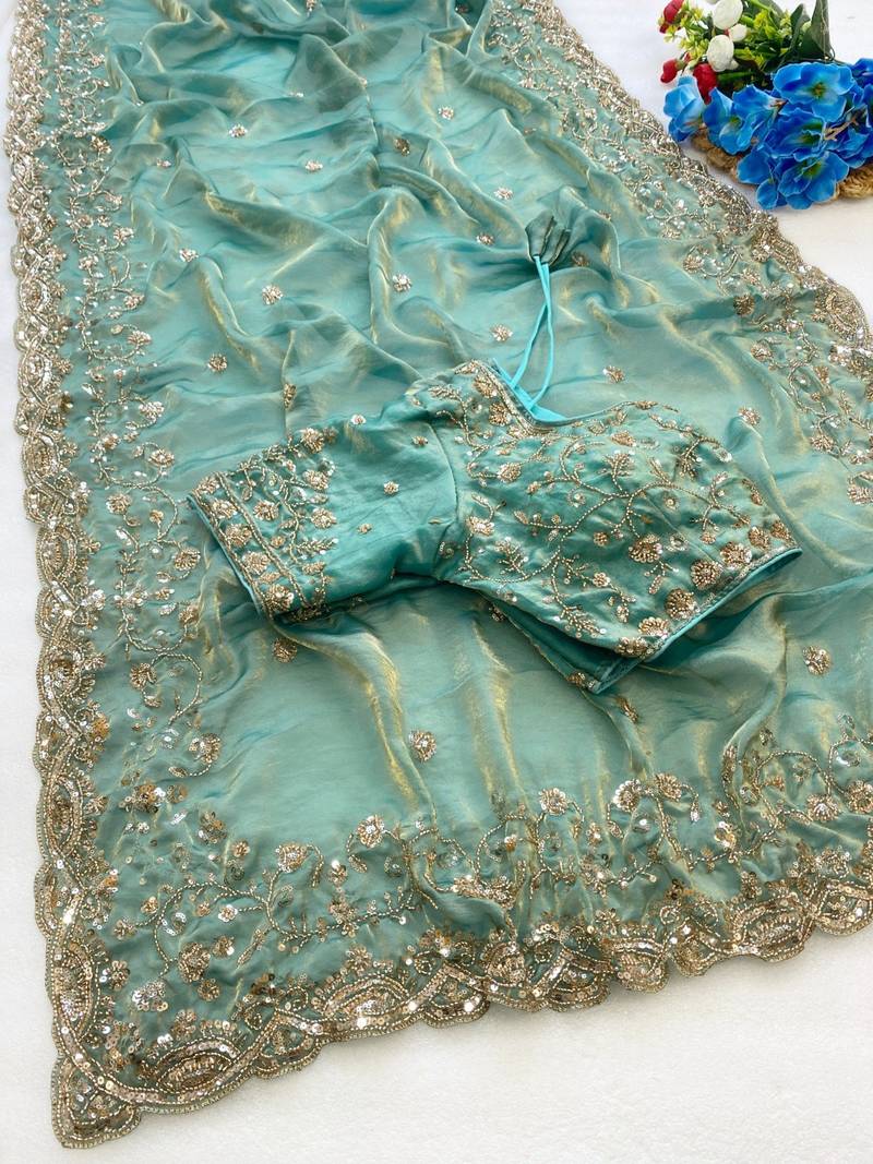 PURE SOFT FANDY SATIN Blue Color Women's Saree With Blouse Set