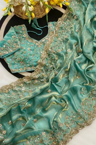 PURE SOFT FANDY SATIN Blue Color Women's Saree With Blouse Set