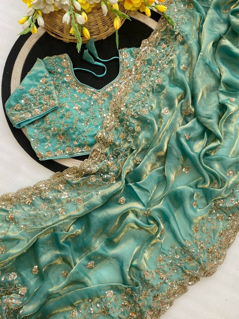 PURE SOFT FANDY SATIN Blue Color Women's Saree With Blouse Set