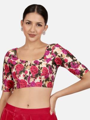 Floral print silk u neck elbow sleeves readymade saree blouse 1