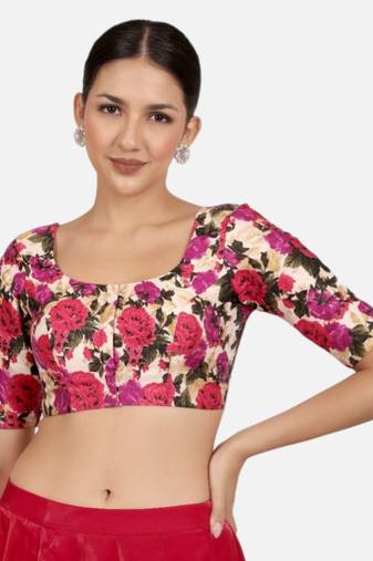 Floral print silk u neck elbow sleeves readymade saree blouse