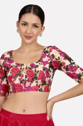 Floral print silk u neck elbow sleeves readymade saree blouse