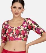 Floral print silk u neck elbow sleeves readymade saree blouse
