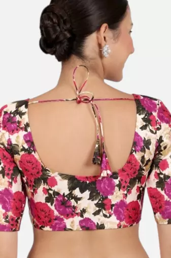 Floral print silk u neck elbow sleeves readymade saree blouse