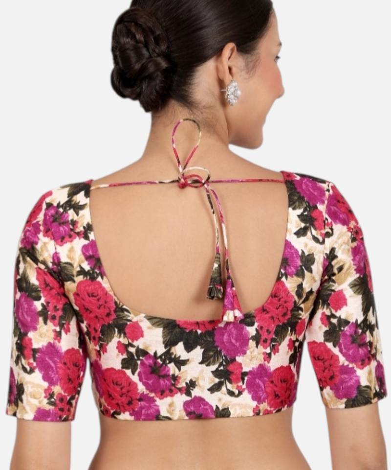 Floral print silk u neck elbow sleeves readymade saree blouse