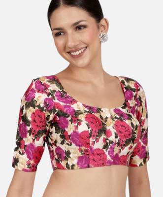 Floral print silk u neck elbow sleeves readymade saree blouse 3
