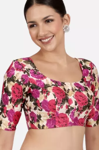 Floral print silk u neck elbow sleeves readymade saree blouse