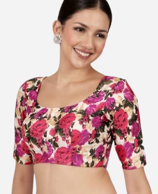 Floral print silk u neck elbow sleeves readymade saree blouse 4