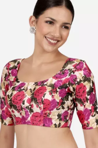 Floral print silk u neck elbow sleeves readymade saree blouse