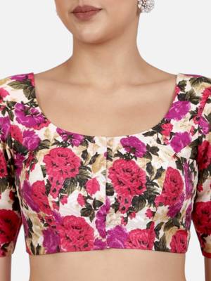 Floral print silk u neck elbow sleeves readymade saree blouse 5