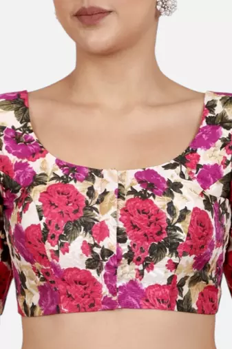 Floral print silk u neck elbow sleeves readymade saree blouse