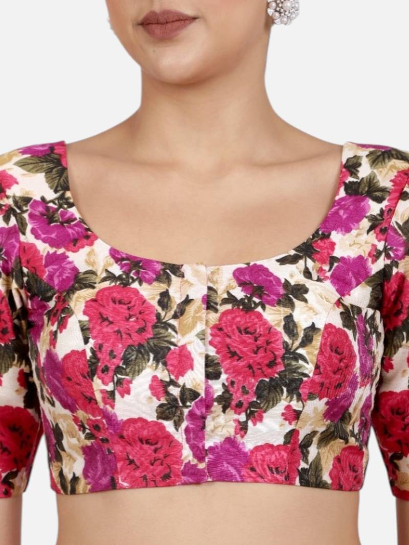 Floral print silk u neck elbow sleeves readymade saree blouse