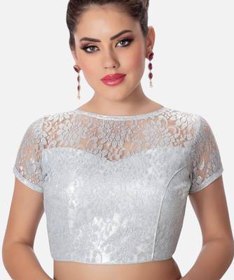 Silver high neck short sleevess princesss cut padded readymade saree blouse 1