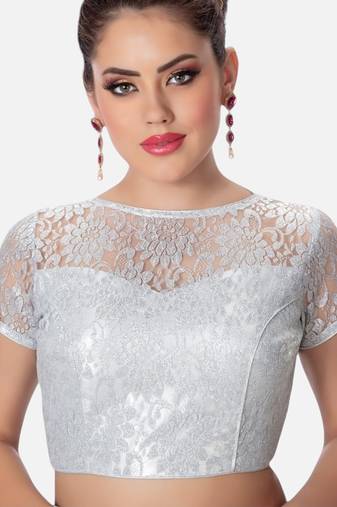 Silver high neck short sleevess princesss cut padded readymade saree blouse