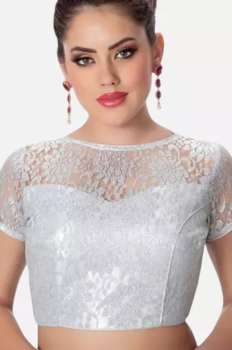 Silver high neck short sleevess princesss cut padded readymade saree blouse