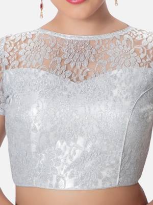 Silver high neck short sleevess princesss cut padded readymade saree blouse 2