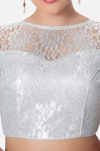 Silver high neck short sleevess princesss cut padded readymade saree blouse