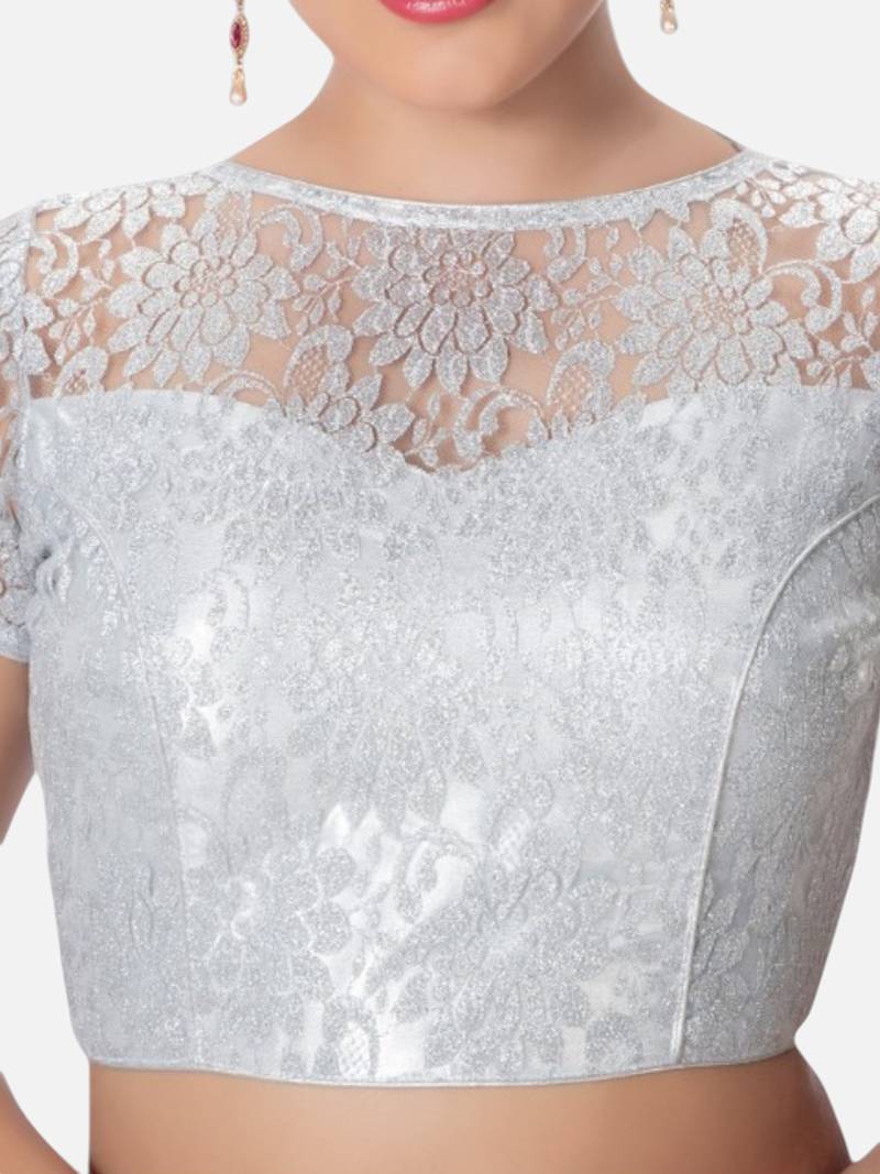 Silver high neck short sleevess princesss cut padded readymade saree blouse