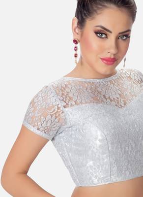 Silver high neck short sleevess princesss cut padded readymade saree blouse 3