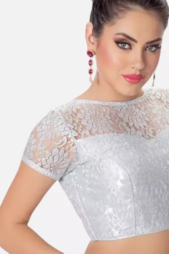 Silver high neck short sleevess princesss cut padded readymade saree blouse