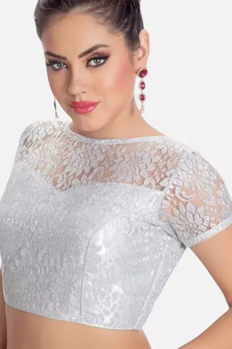 Silver high neck short sleevess princesss cut padded readymade saree blouse