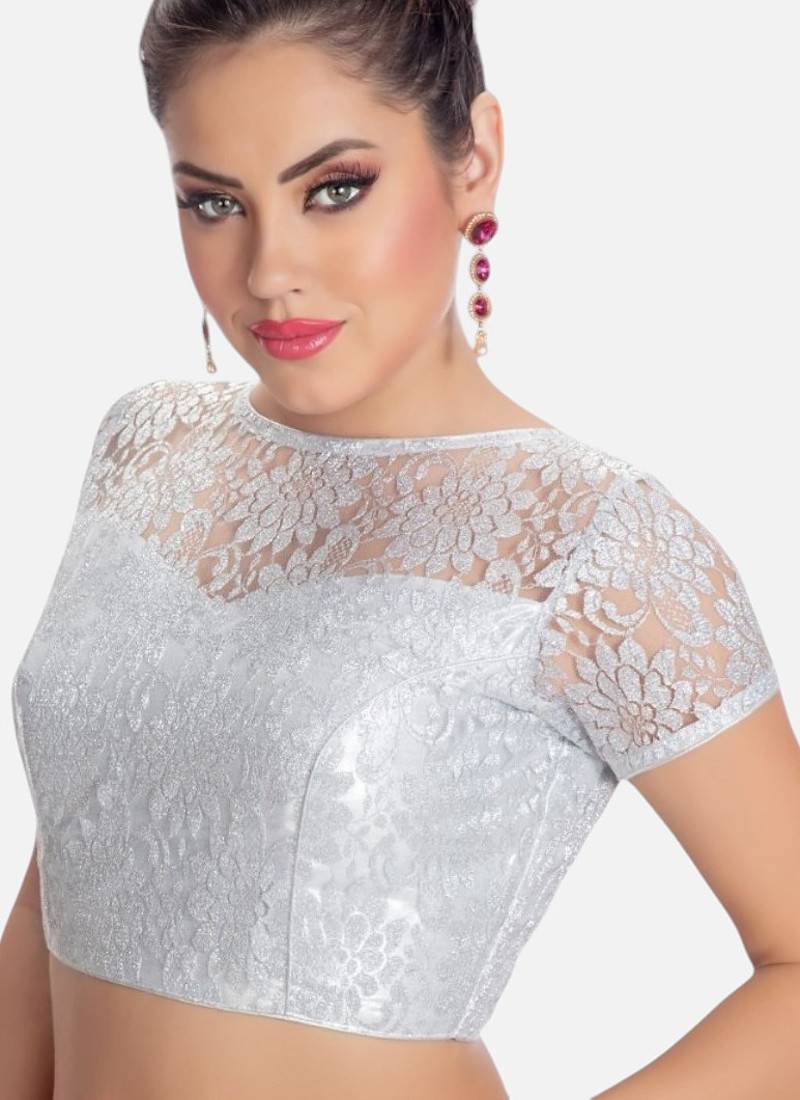 Silver high neck short sleevess princesss cut padded readymade saree blouse
