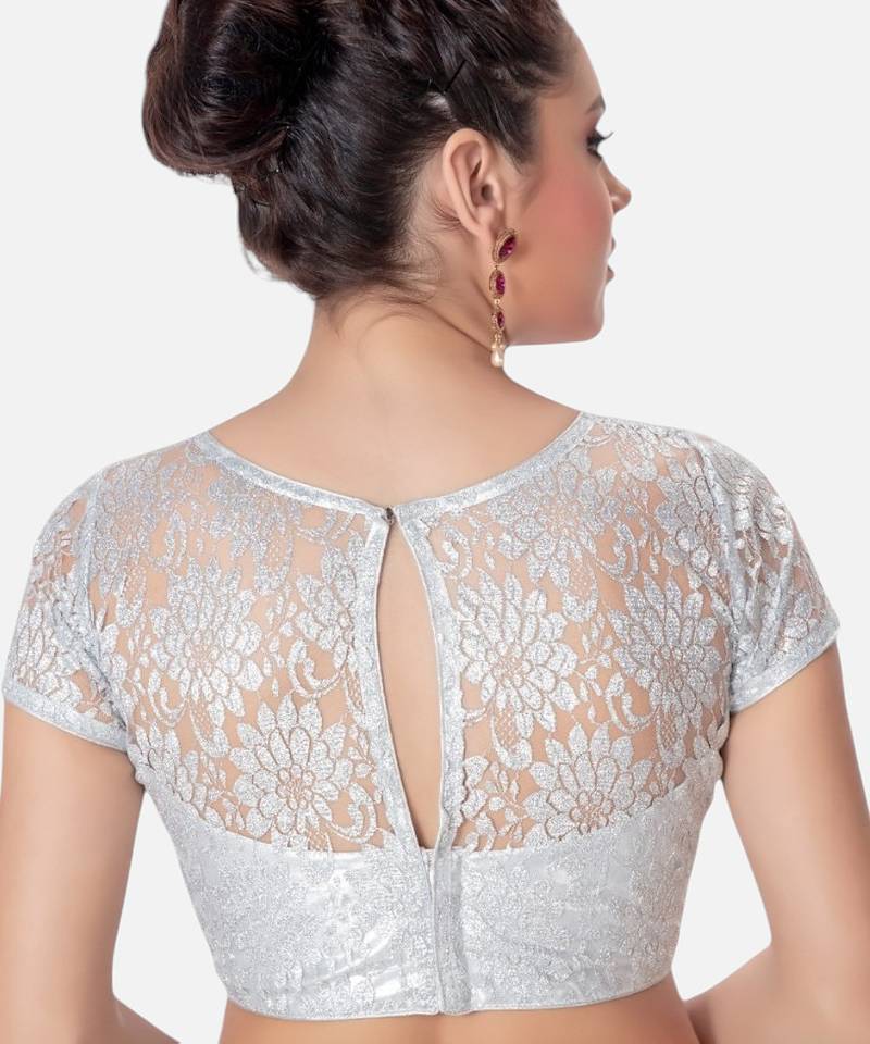 Silver high neck short sleevess princesss cut padded readymade saree blouse