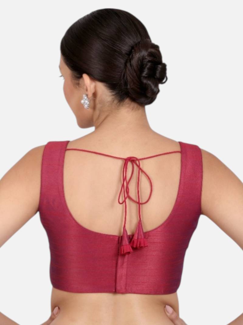 Magenta dupion silk sleeveless readymade saree blouse